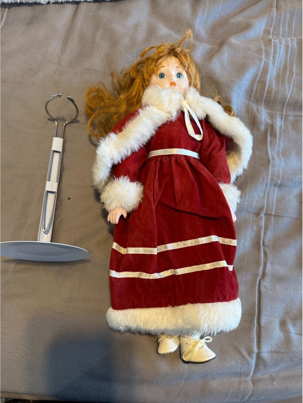 Vintage Porcelain Doll Victorian Christmas Red Velvet Coat Faux Fur Trim Stand
